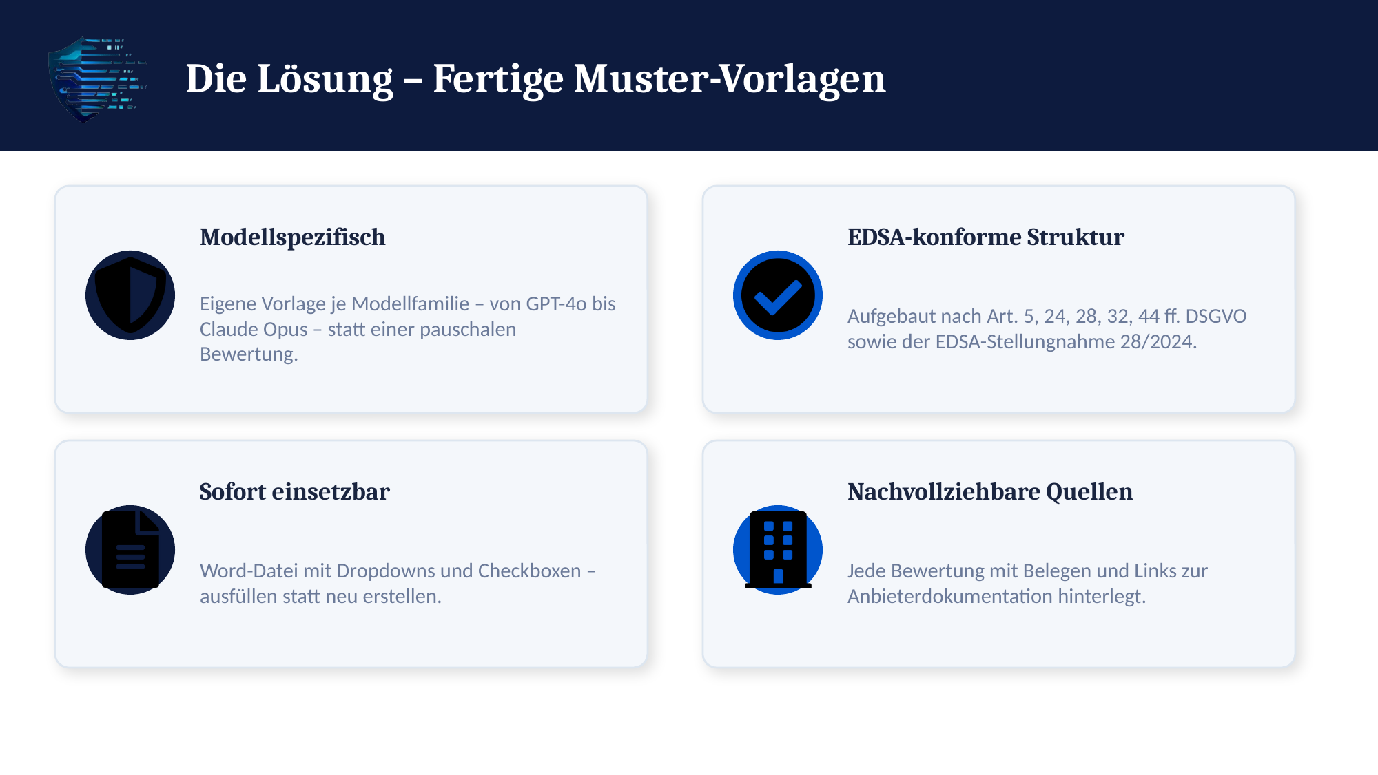 Modellspezifische, EDSA-konforme Word-Vorlage mit Dropdowns und Checkboxen zur KI-Modellbewertung