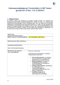 Vorlage/Muster - Interessensabwägung Transkription in MS Teams gemäß Art. 6 Abs. 1 lit. f) DSGVO