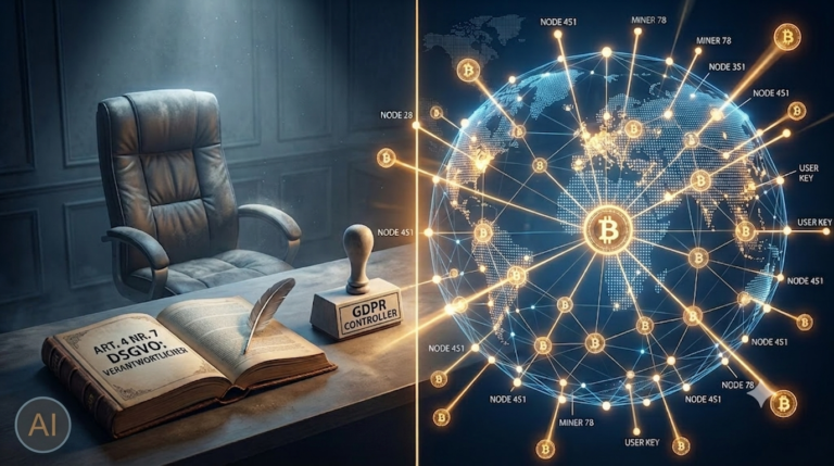 Gegenüberstellung: Ein verlassener Schreibtisch mit dem Gesetzbuch zur DSGVO links und ein globales, dezentrales Bitcoin-Node-Netzwerk rechts.